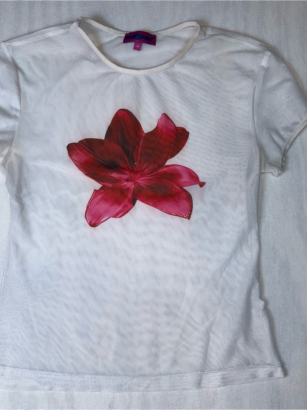 Edikted Sheer White Tee with Large Red-Pink Floral Graphic Size: Medium